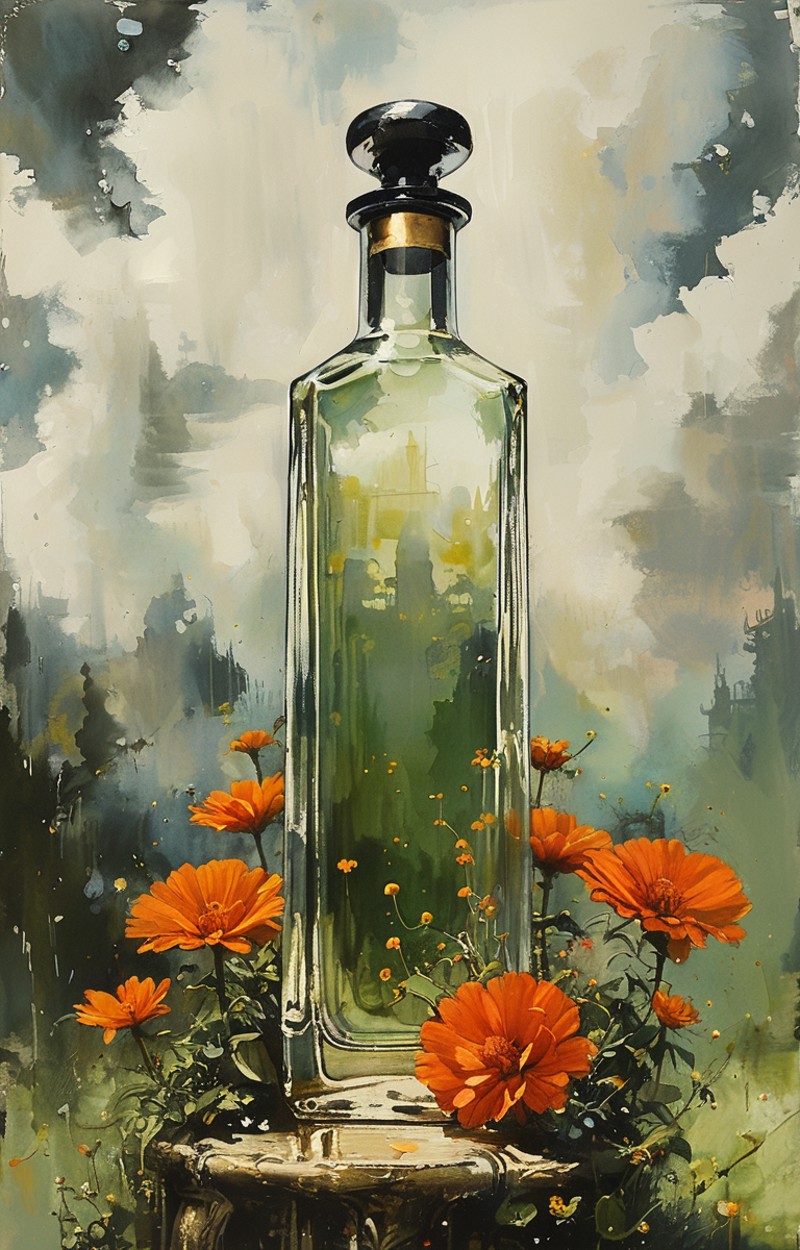 masterpiece,best quality,<lora:tbh223-sdxl:0.9>,illustration,style of Greg Capullo, A bottle of perfume in garden